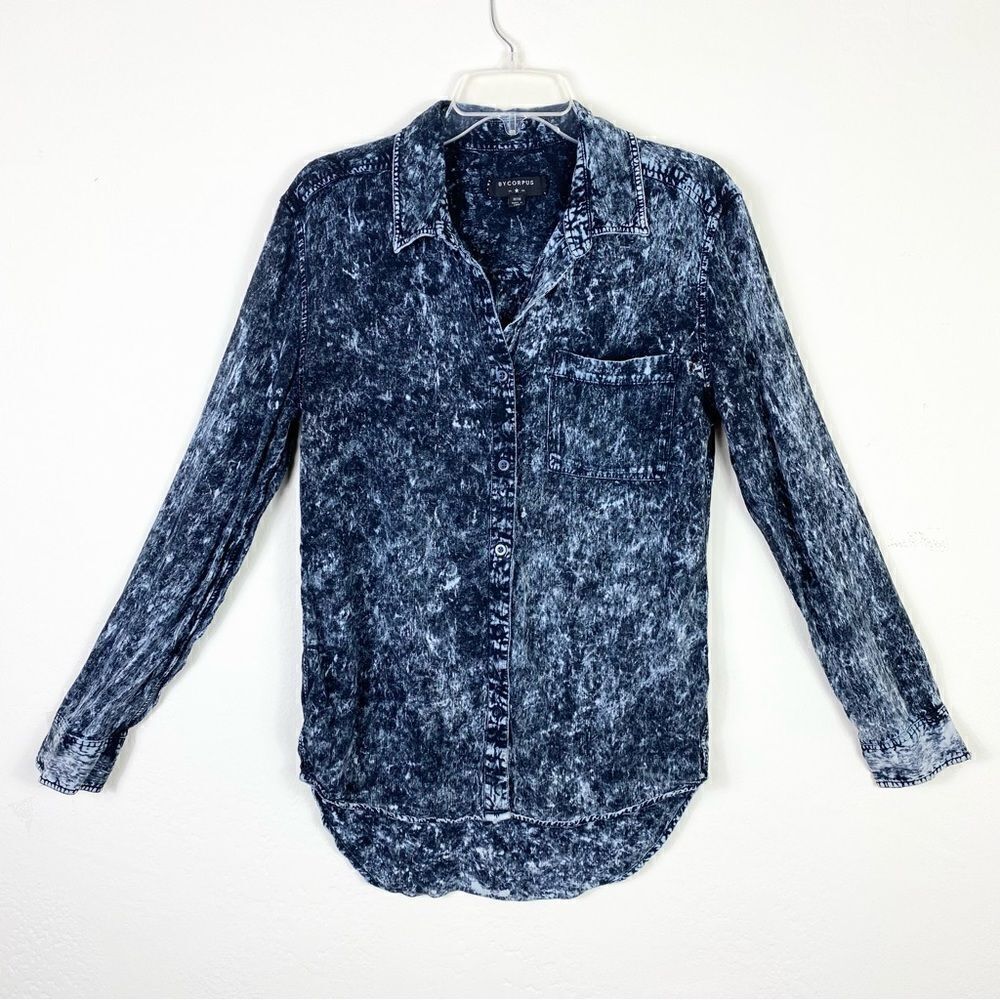 By Corpus Urban Outfitters Navy Blue Acid Wash Distressed Button Up Shirt